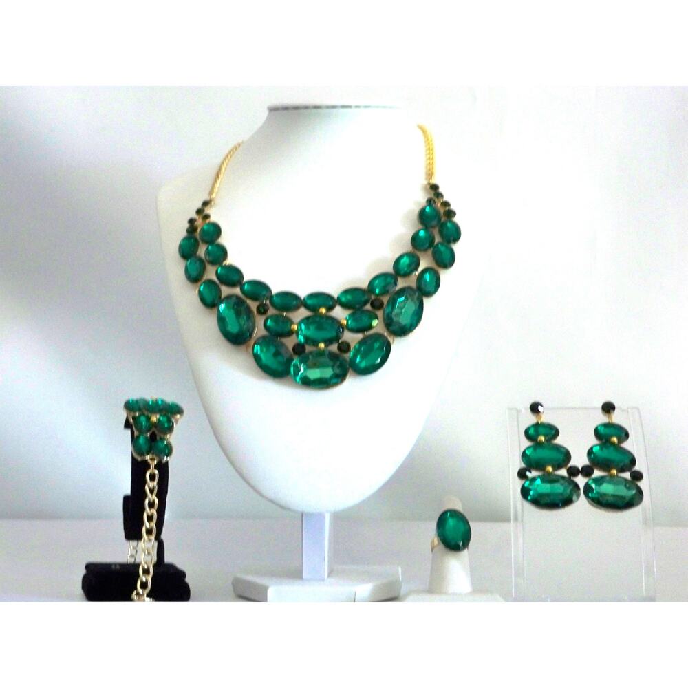 Emerald green 4pc necklace set, wedding MOB prom party formal evening necklace